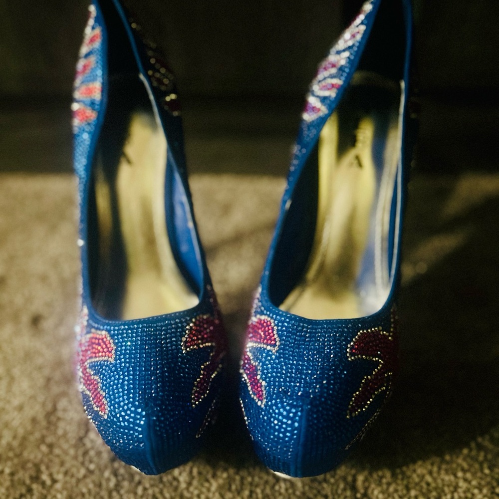 Blue Embellished Women's High Heels with Pink Accent